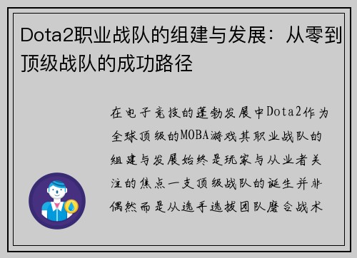 Dota2职业战队的组建与发展：从零到顶级战队的成功路径